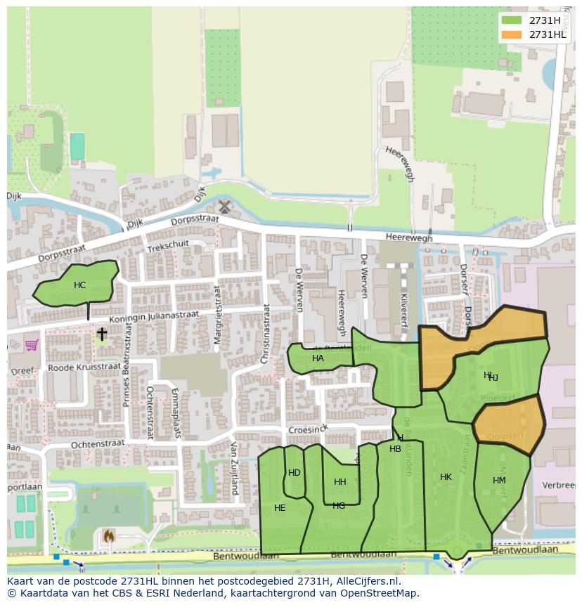 Afbeelding van het postcodegebied 2731 HL op de kaart.