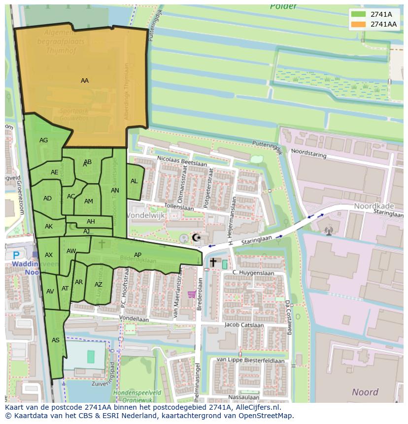Afbeelding van het postcodegebied 2741 AA op de kaart.