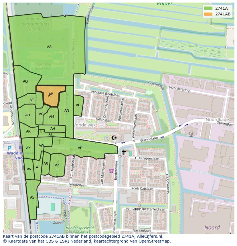 Afbeelding van het postcodegebied 2741 AB op de kaart.