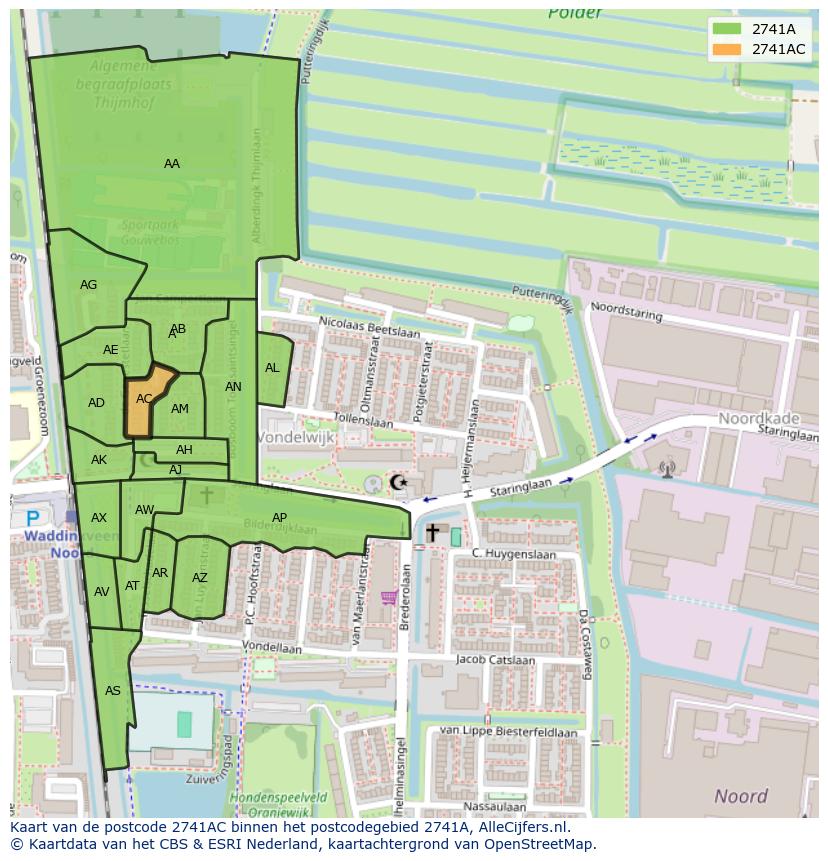 Afbeelding van het postcodegebied 2741 AC op de kaart.
