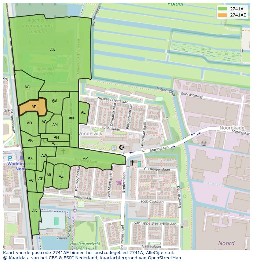 Afbeelding van het postcodegebied 2741 AE op de kaart.