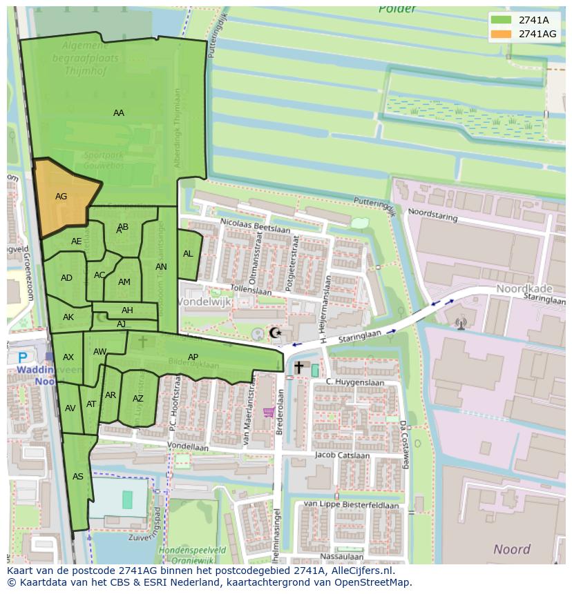 Afbeelding van het postcodegebied 2741 AG op de kaart.