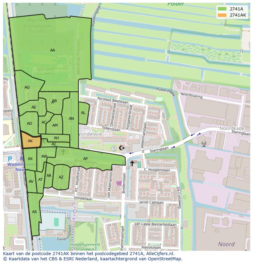Afbeelding van het postcodegebied 2741 AK op de kaart.