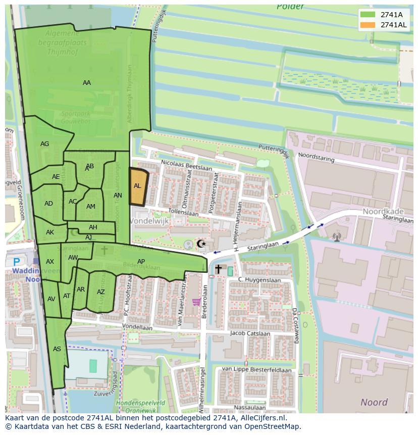 Afbeelding van het postcodegebied 2741 AL op de kaart.