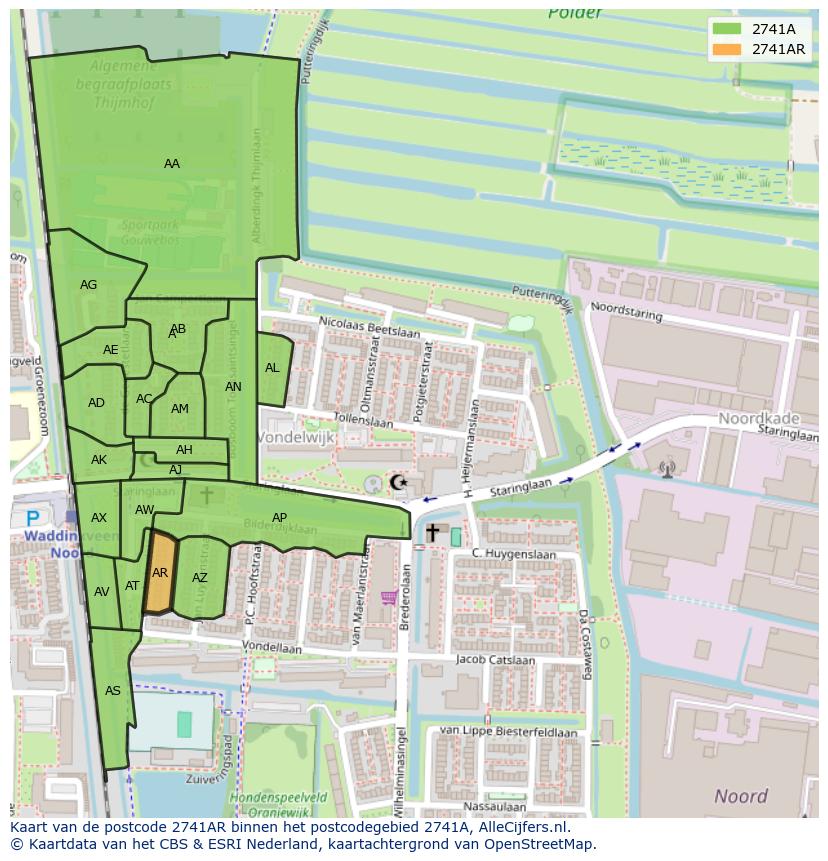 Afbeelding van het postcodegebied 2741 AR op de kaart.
