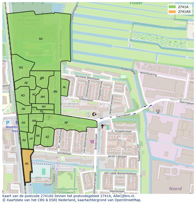 Afbeelding van het postcodegebied 2741 AS op de kaart.