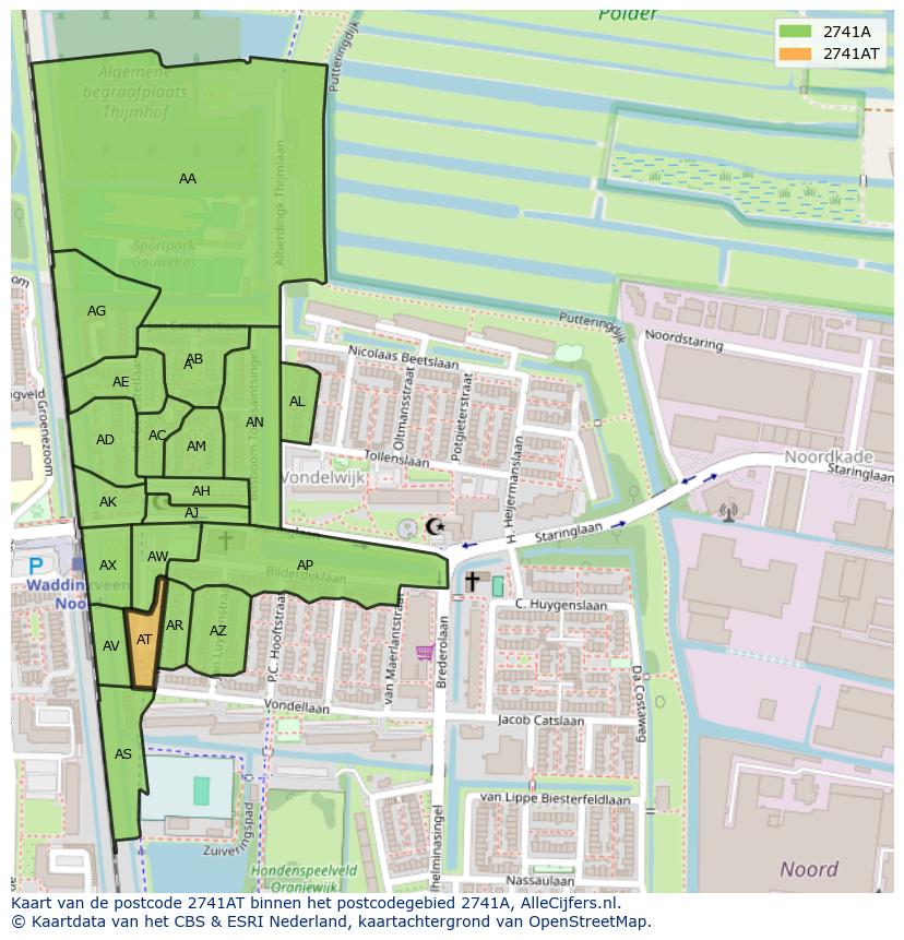 Afbeelding van het postcodegebied 2741 AT op de kaart.