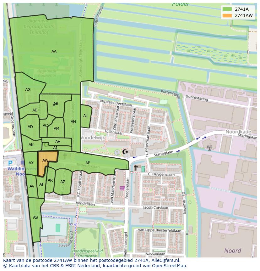 Afbeelding van het postcodegebied 2741 AW op de kaart.