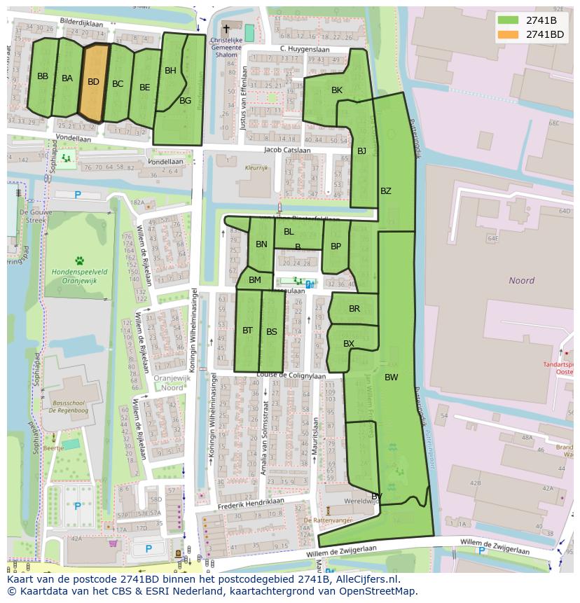 Afbeelding van het postcodegebied 2741 BD op de kaart.