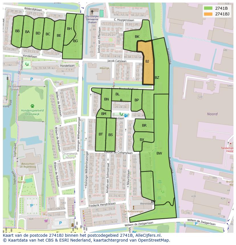 Afbeelding van het postcodegebied 2741 BJ op de kaart.