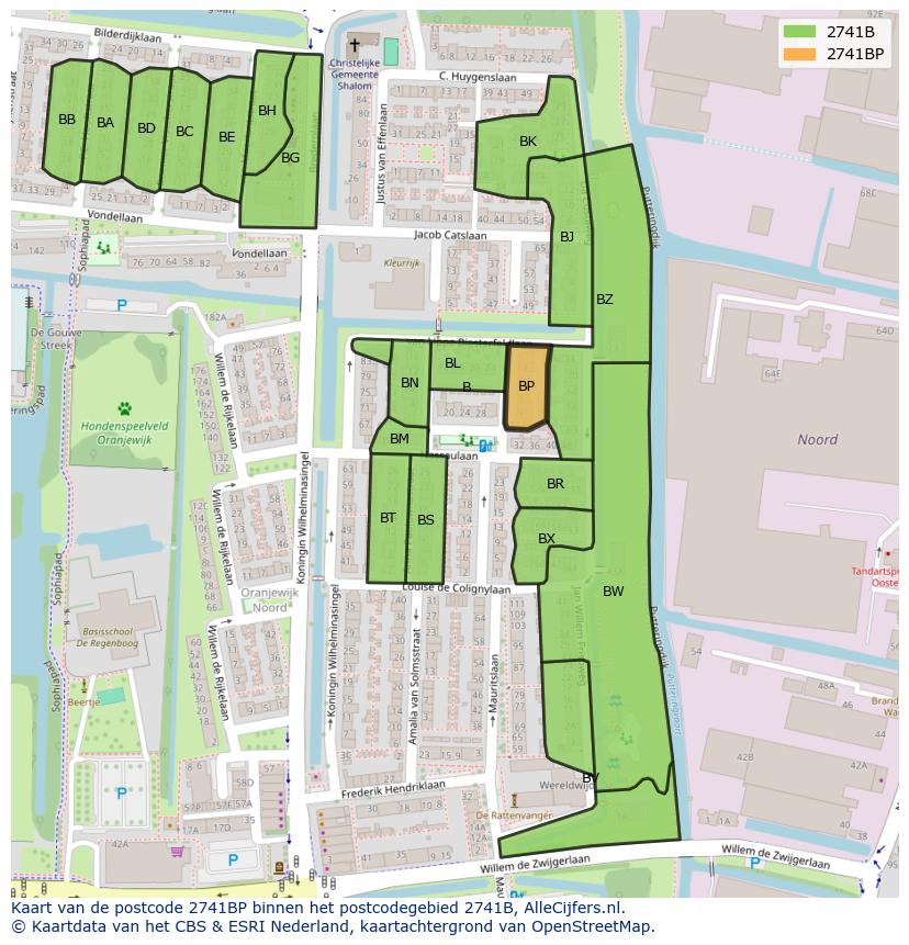 Afbeelding van het postcodegebied 2741 BP op de kaart.