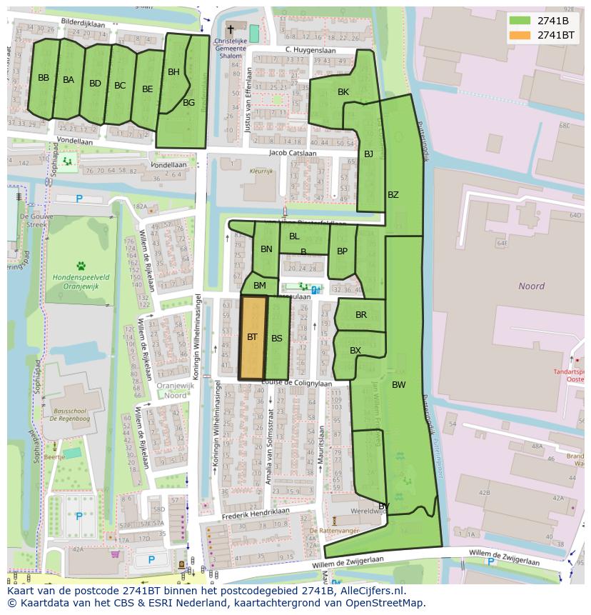 Afbeelding van het postcodegebied 2741 BT op de kaart.