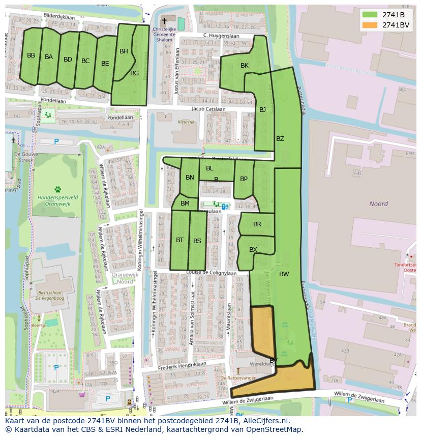 Afbeelding van het postcodegebied 2741 BV op de kaart.