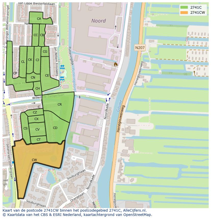Afbeelding van het postcodegebied 2741 CW op de kaart.