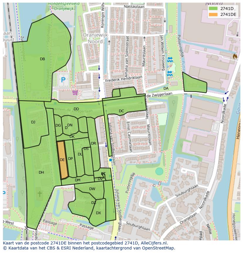 Afbeelding van het postcodegebied 2741 DE op de kaart.