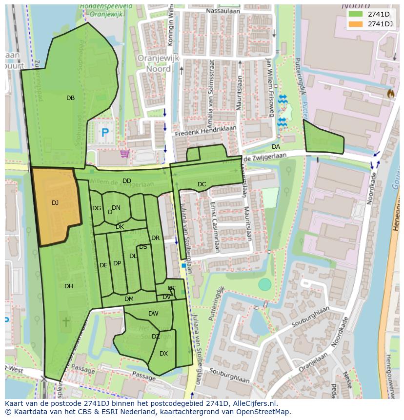 Afbeelding van het postcodegebied 2741 DJ op de kaart.