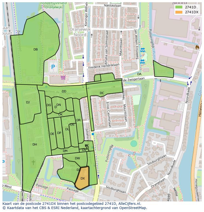 Afbeelding van het postcodegebied 2741 DX op de kaart.