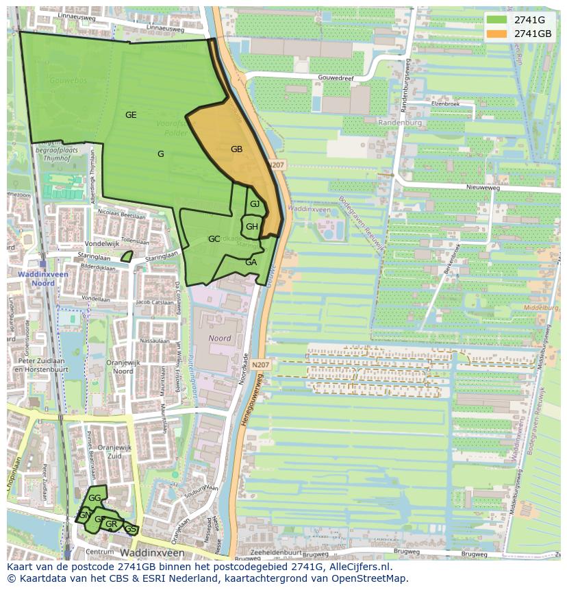 Afbeelding van het postcodegebied 2741 GB op de kaart.