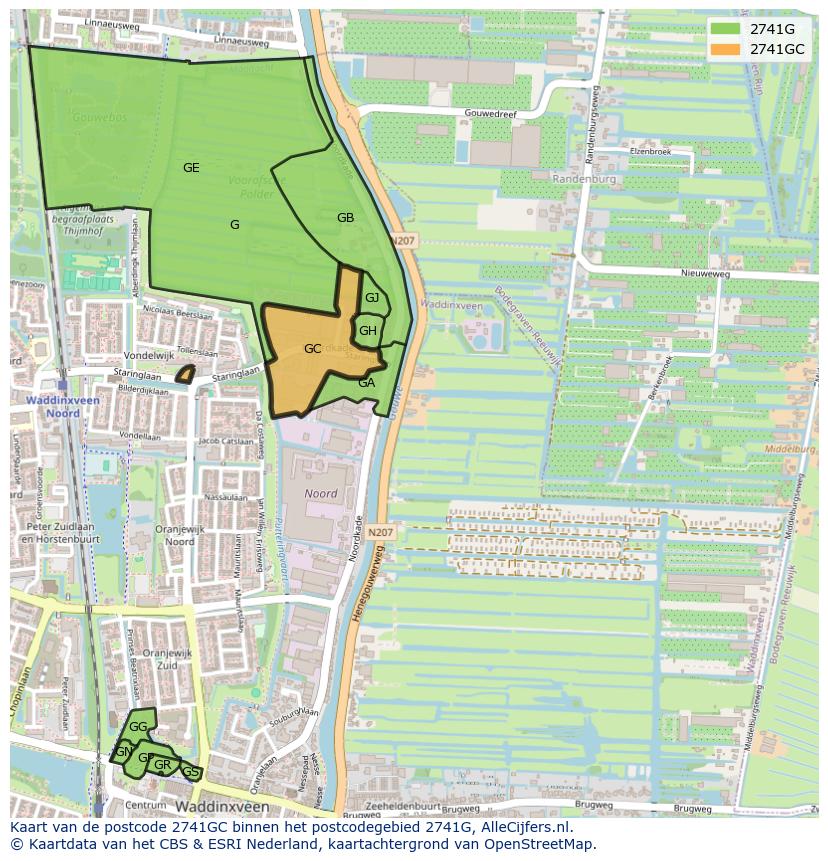 Afbeelding van het postcodegebied 2741 GC op de kaart.