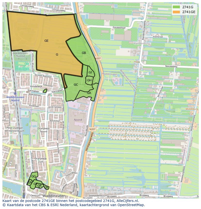 Afbeelding van het postcodegebied 2741 GE op de kaart.