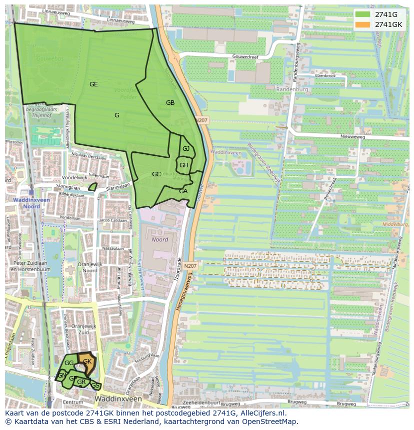 Afbeelding van het postcodegebied 2741 GK op de kaart.