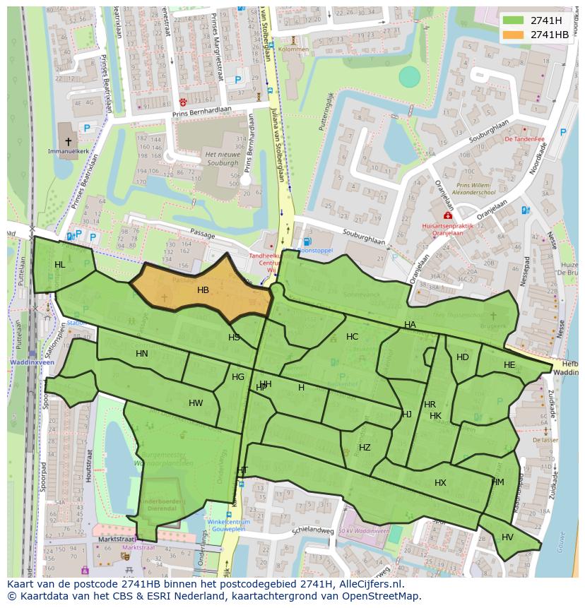 Afbeelding van het postcodegebied 2741 HB op de kaart.