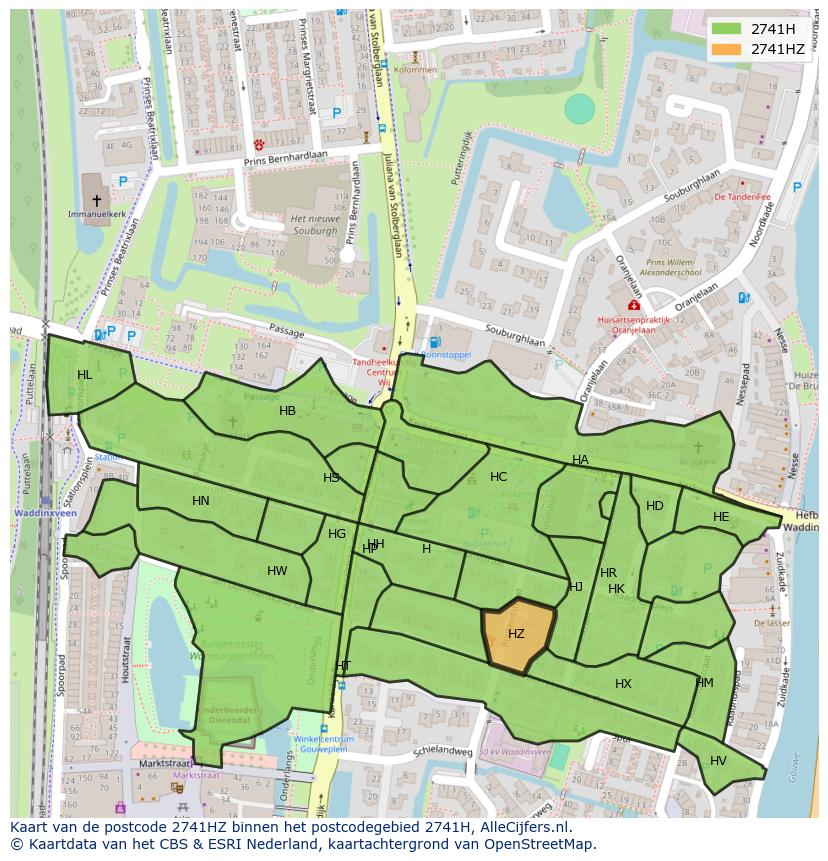 Afbeelding van het postcodegebied 2741 HZ op de kaart.