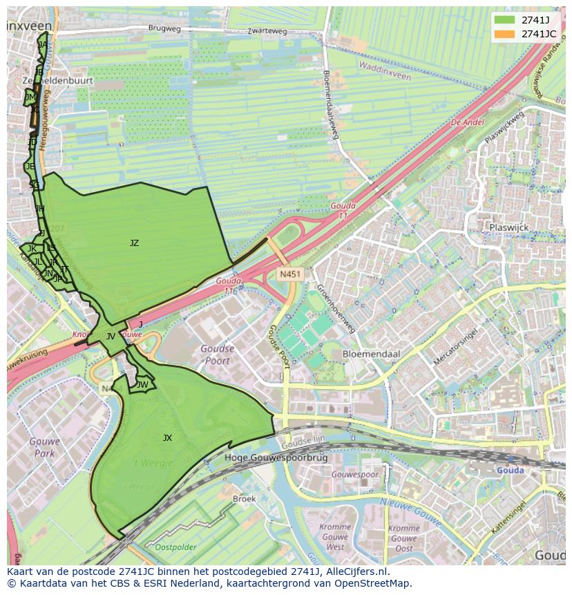 Afbeelding van het postcodegebied 2741 JC op de kaart.
