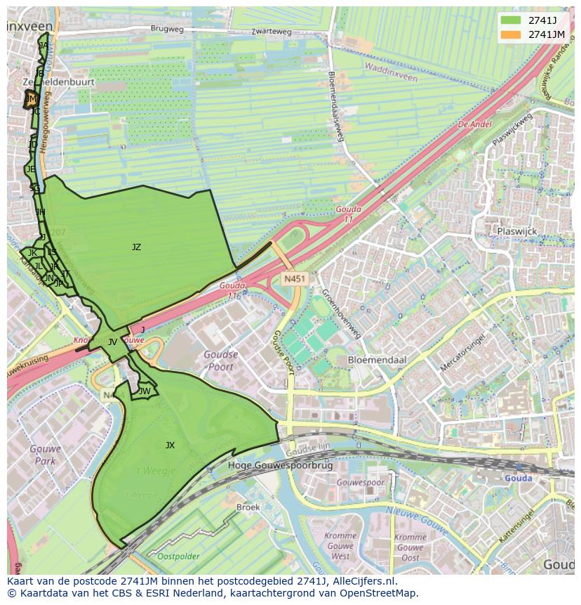 Afbeelding van het postcodegebied 2741 JM op de kaart.