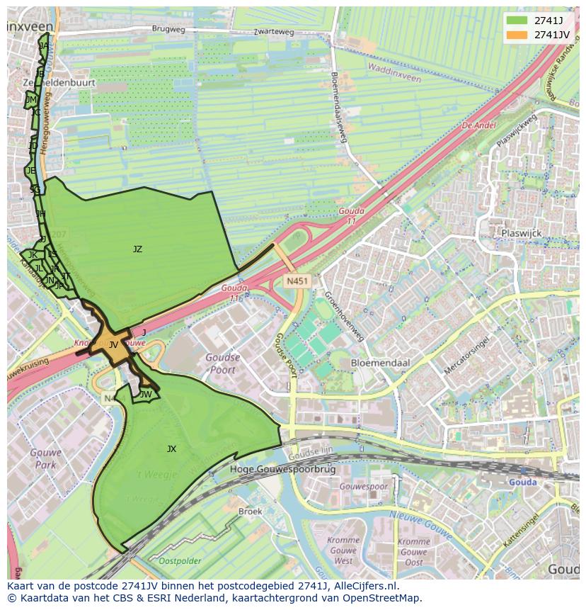 Afbeelding van het postcodegebied 2741 JV op de kaart.