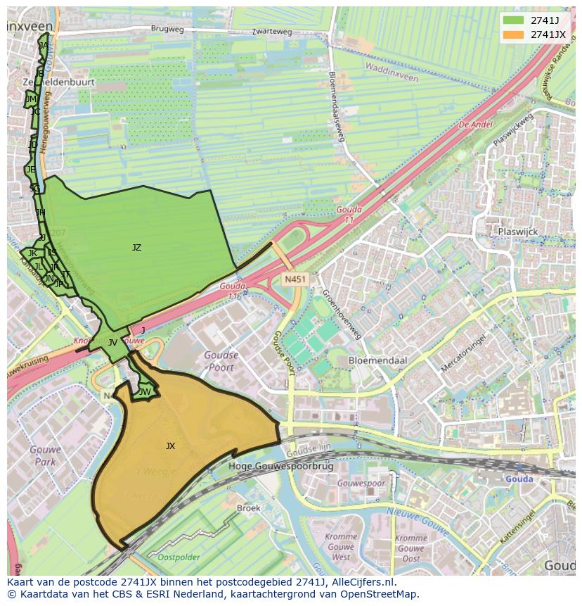 Afbeelding van het postcodegebied 2741 JX op de kaart.