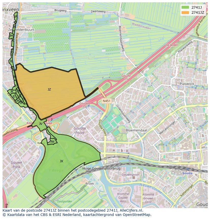 Afbeelding van het postcodegebied 2741 JZ op de kaart.