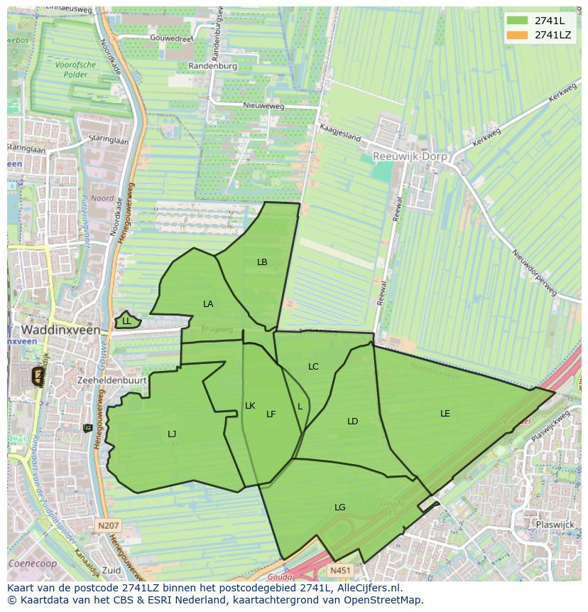 Afbeelding van het postcodegebied 2741 LZ op de kaart.