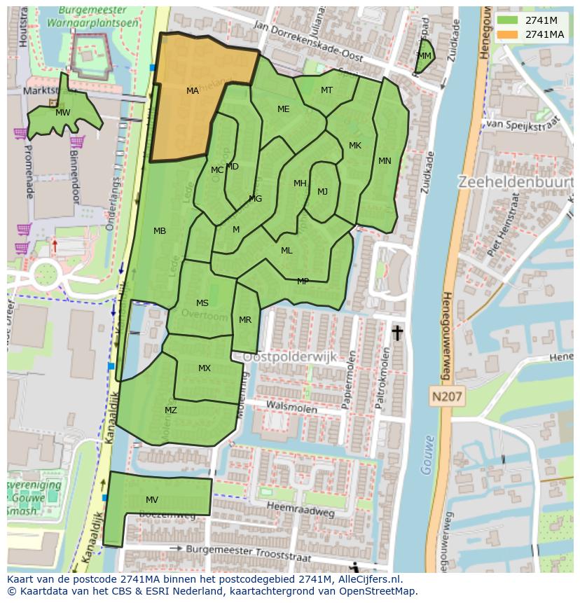 Afbeelding van het postcodegebied 2741 MA op de kaart.