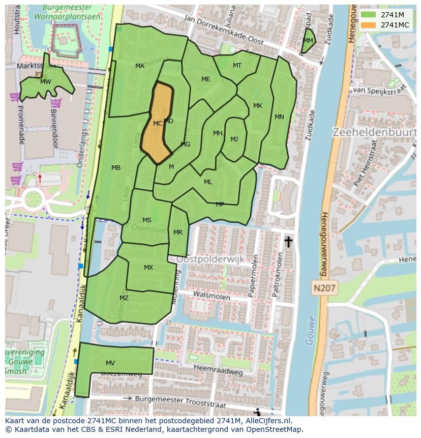 Afbeelding van het postcodegebied 2741 MC op de kaart.