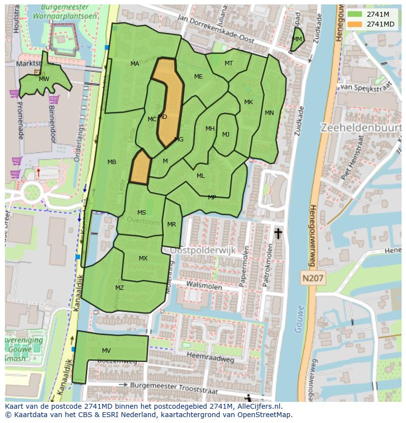 Afbeelding van het postcodegebied 2741 MD op de kaart.