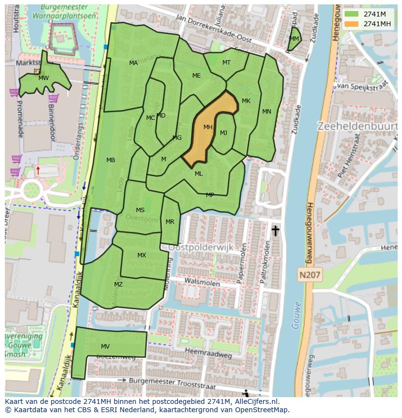 Afbeelding van het postcodegebied 2741 MH op de kaart.