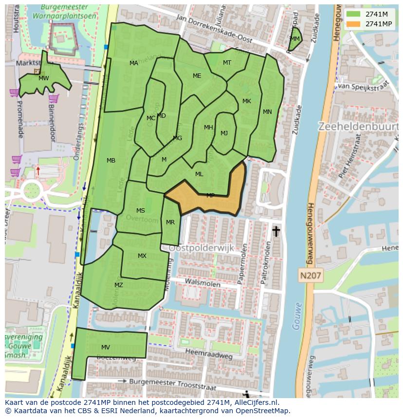 Afbeelding van het postcodegebied 2741 MP op de kaart.