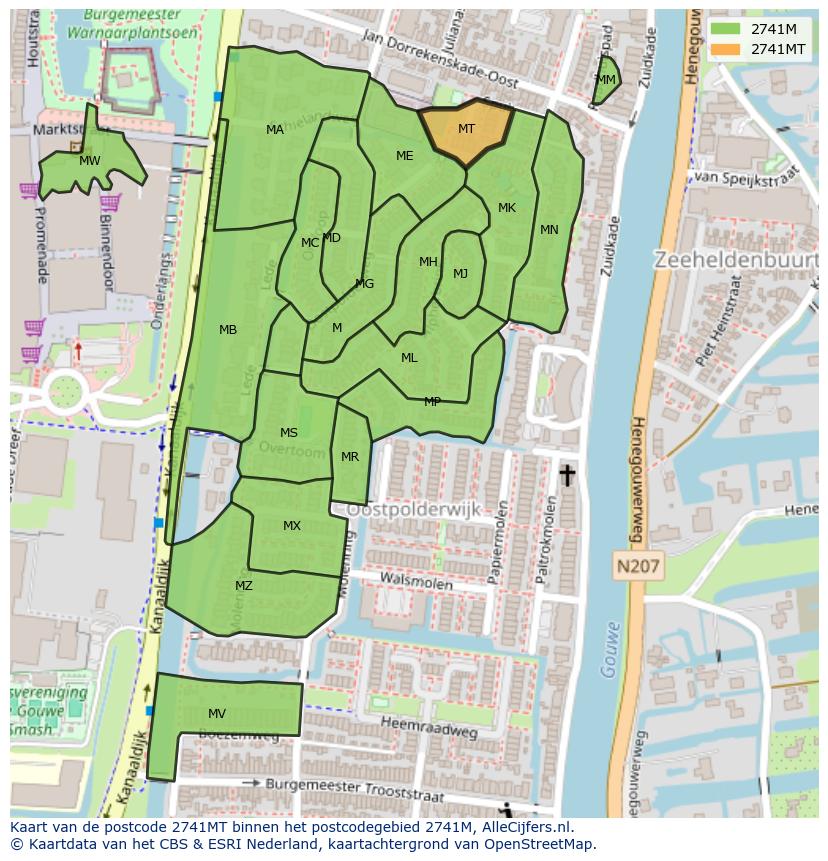 Afbeelding van het postcodegebied 2741 MT op de kaart.