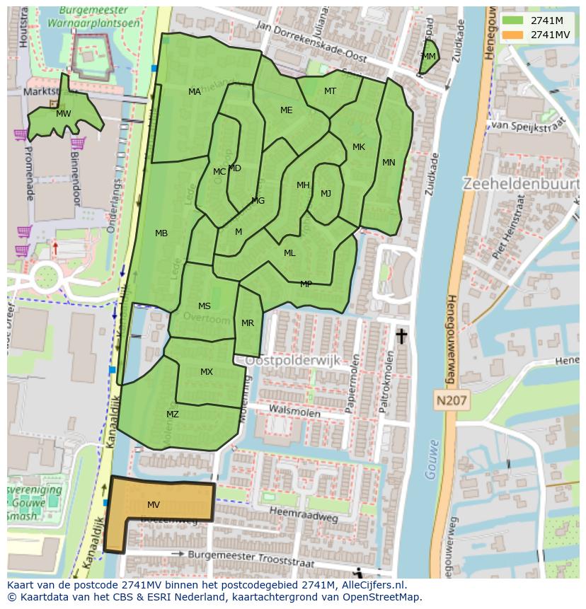 Afbeelding van het postcodegebied 2741 MV op de kaart.