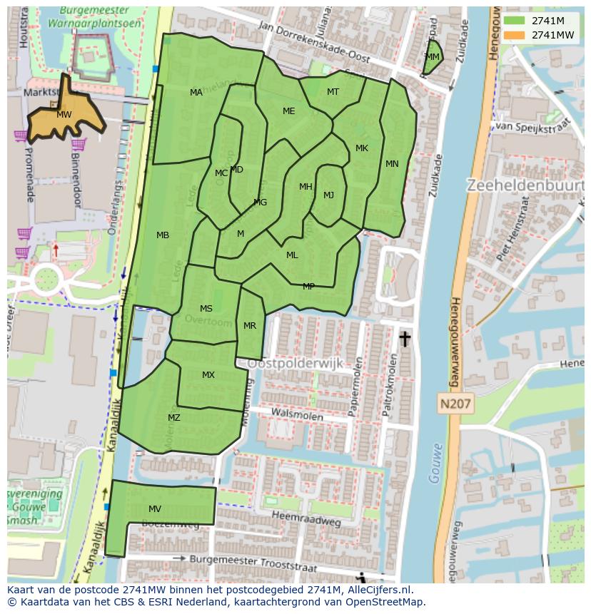 Afbeelding van het postcodegebied 2741 MW op de kaart.
