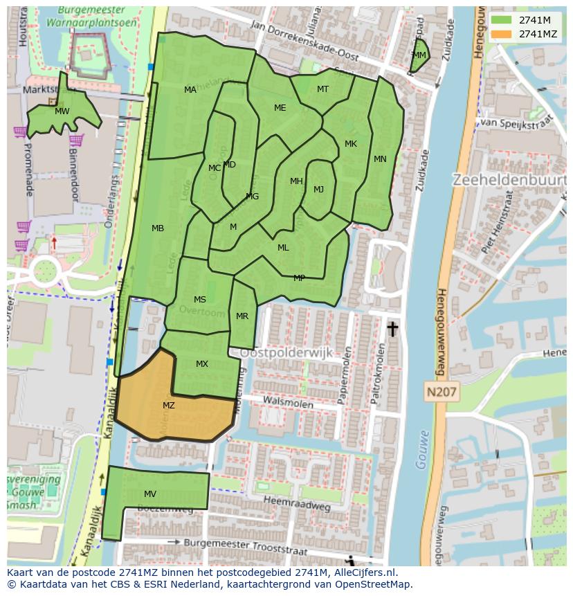 Afbeelding van het postcodegebied 2741 MZ op de kaart.