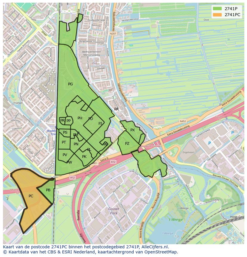 Afbeelding van het postcodegebied 2741 PC op de kaart.