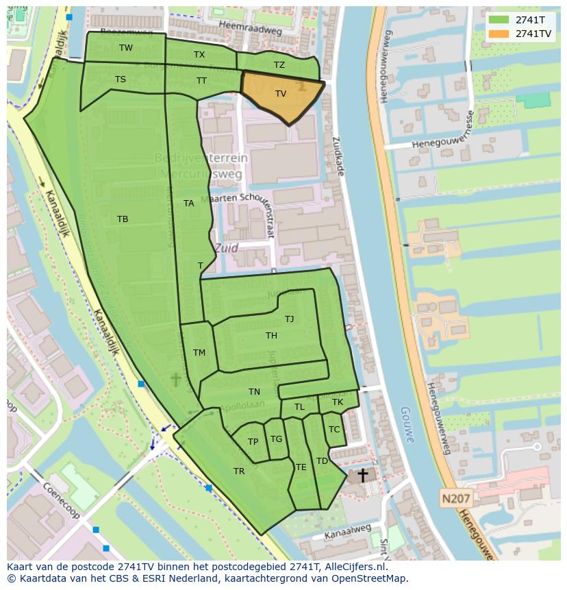 Afbeelding van het postcodegebied 2741 TV op de kaart.