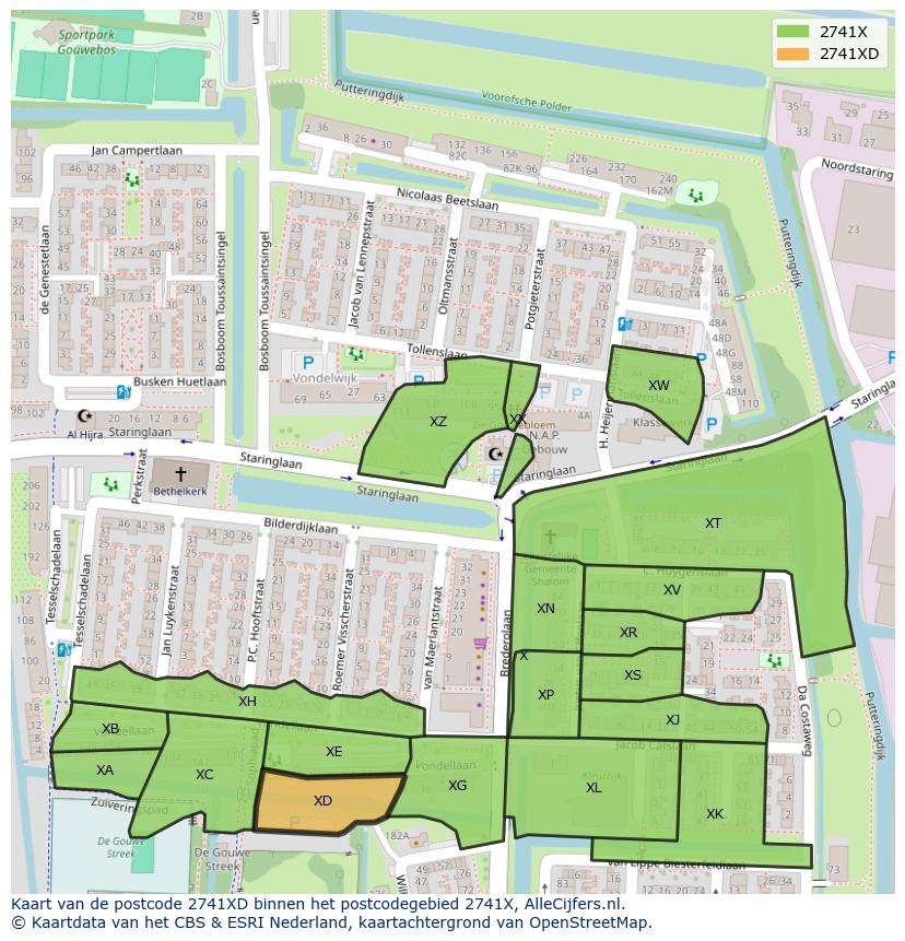 Afbeelding van het postcodegebied 2741 XD op de kaart.