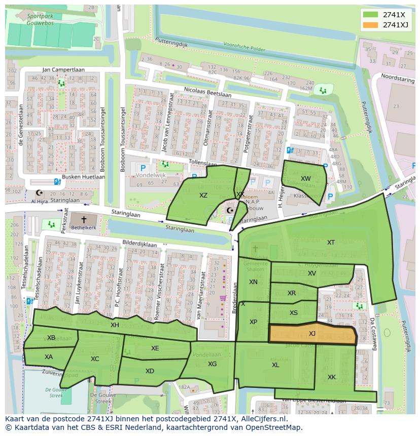 Afbeelding van het postcodegebied 2741 XJ op de kaart.