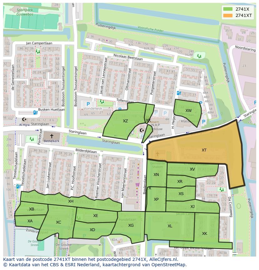 Afbeelding van het postcodegebied 2741 XT op de kaart.