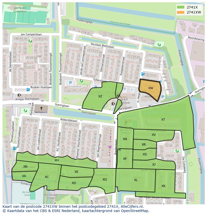 Afbeelding van het postcodegebied 2741 XW op de kaart.