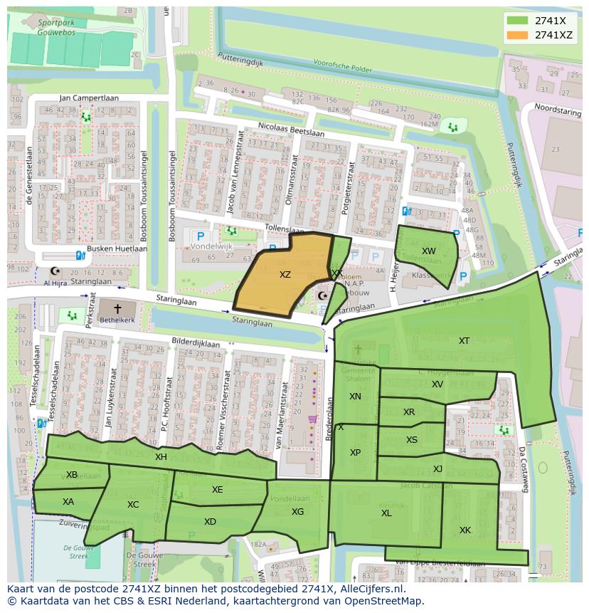 Afbeelding van het postcodegebied 2741 XZ op de kaart.