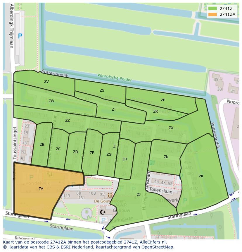 Afbeelding van het postcodegebied 2741 ZA op de kaart.